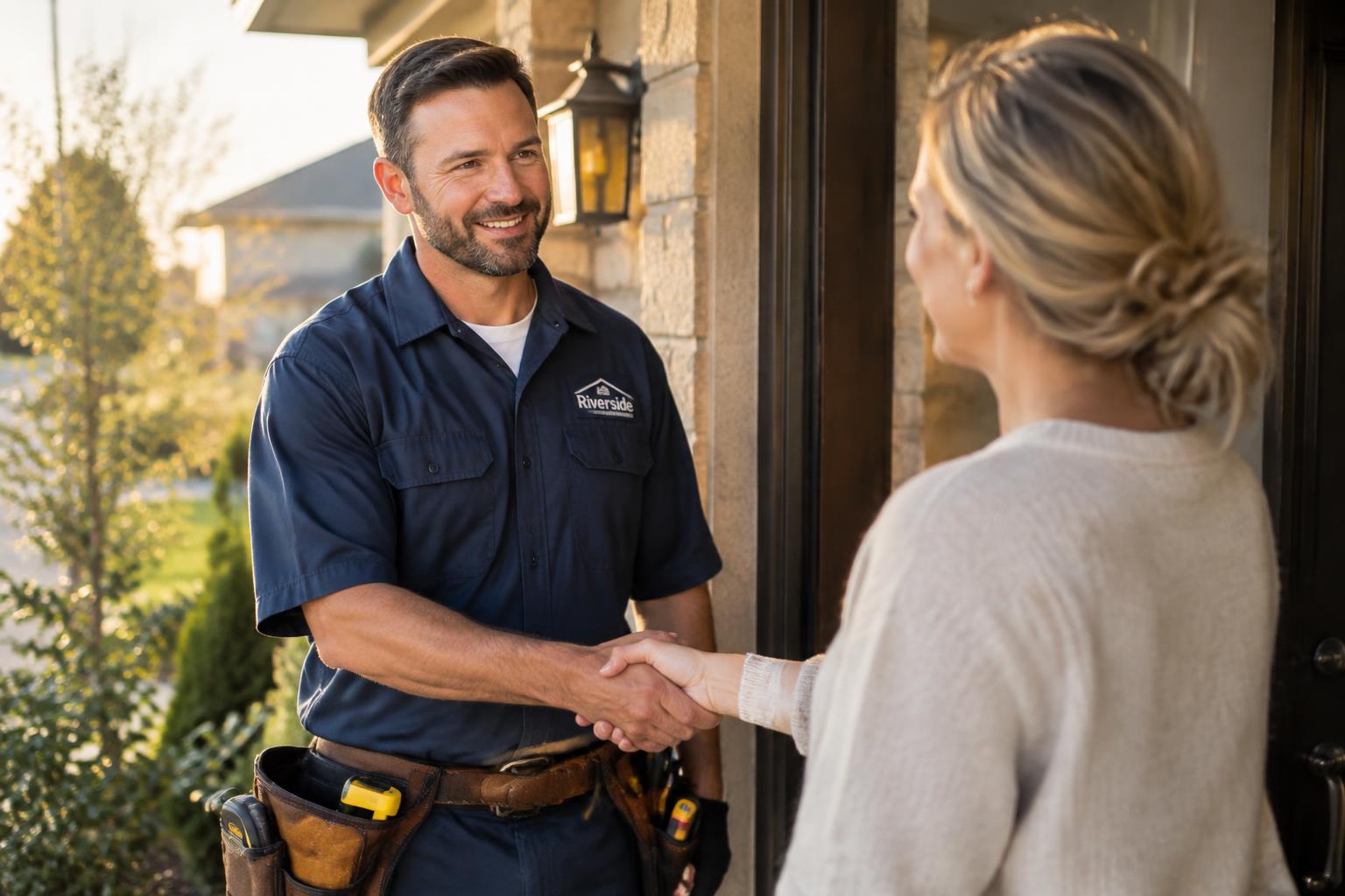 A home service professional shaking hands with a homeowner