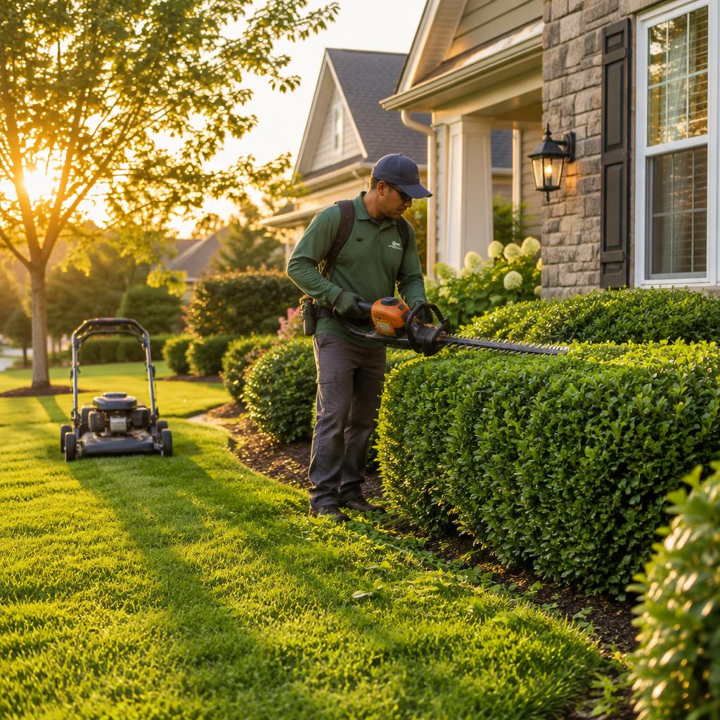 Landscaper trimming hedges at golden hour