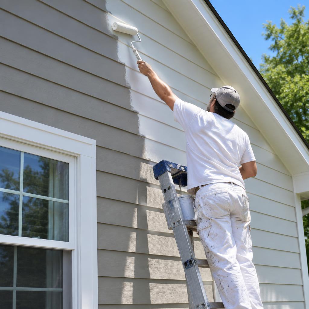 Painter rolling fresh paint on home siding